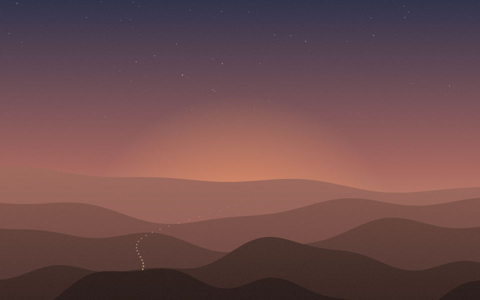 First light over the dunes, with a faint trail heading north